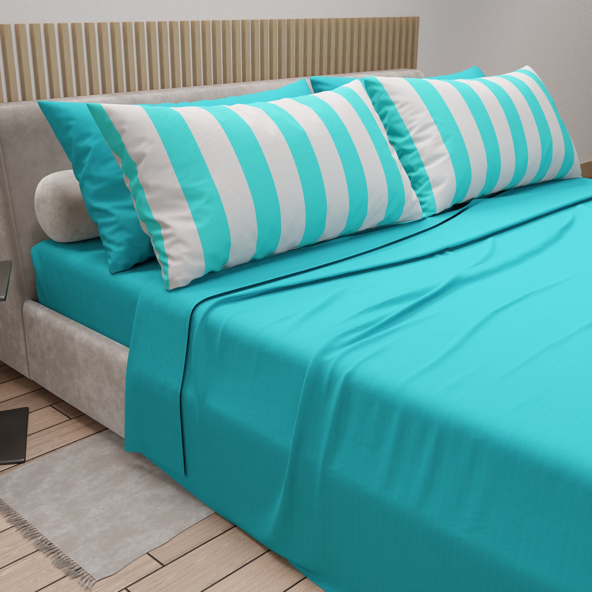 Lenzuola in Cotone, Completo Letto con Federe in Stampa Digitale Righe Bianco/Tiffany.