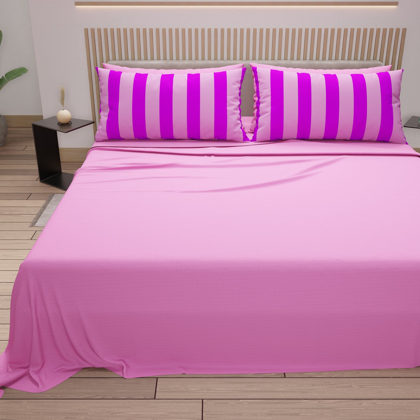 Lenzuola in Cotone, Completo Letto con Federe in Stampa Digitale Righe Viola/Rosa