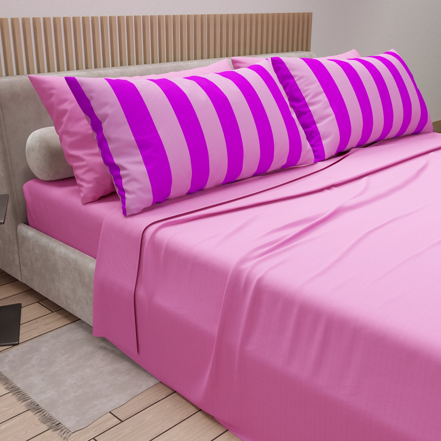 Lenzuola in Cotone, Completo Letto con Federe in Stampa Digitale Righe Viola/Rosa