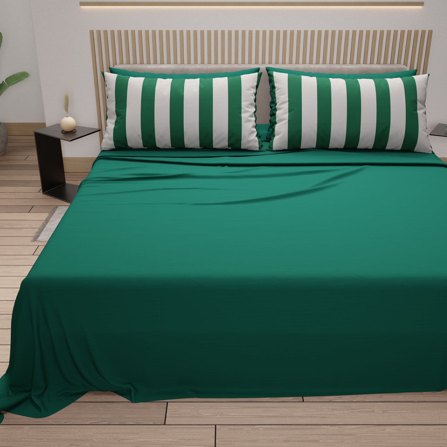 Lenzuola in Cotone, Completo Letto con Federe in Stampa Digitale Righe Bianco/Verde