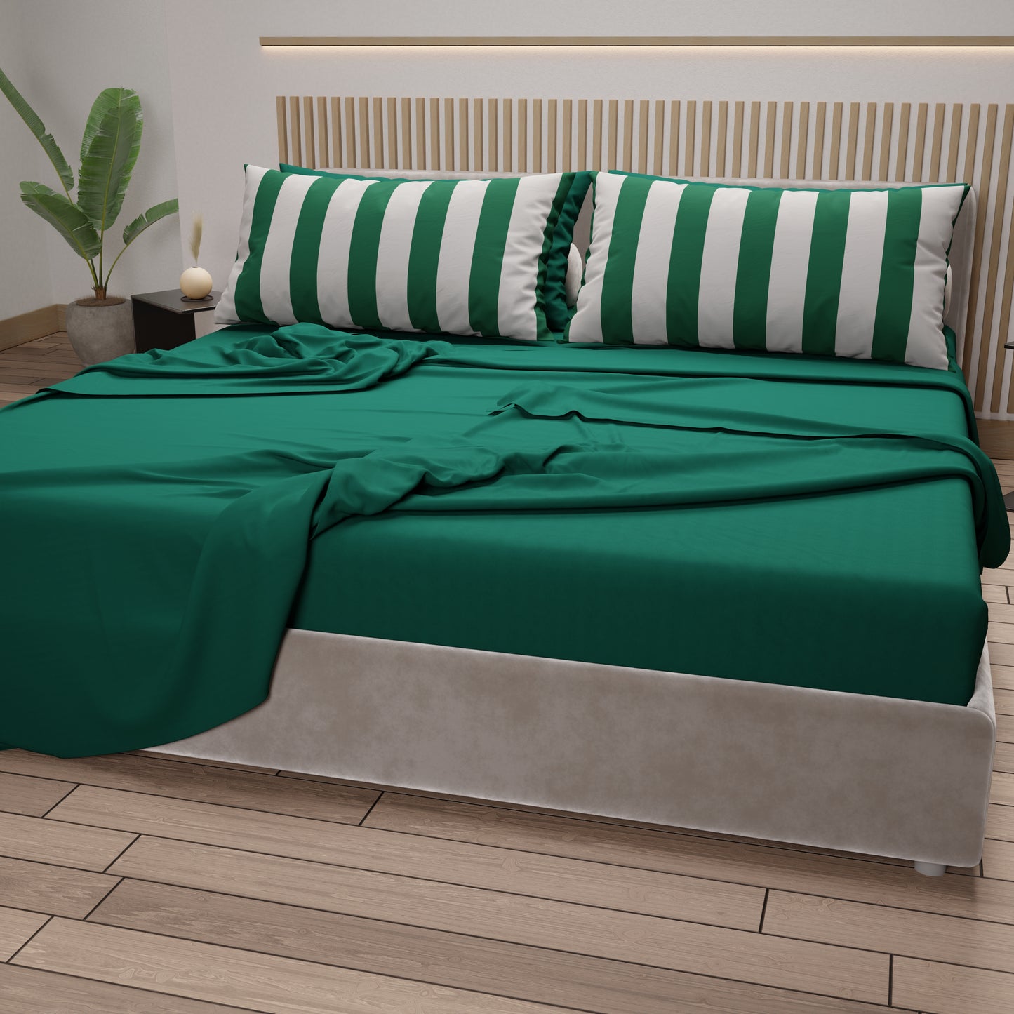 Lenzuola in Cotone, Completo Letto con Federe in Stampa Digitale Righe Bianco/Verde