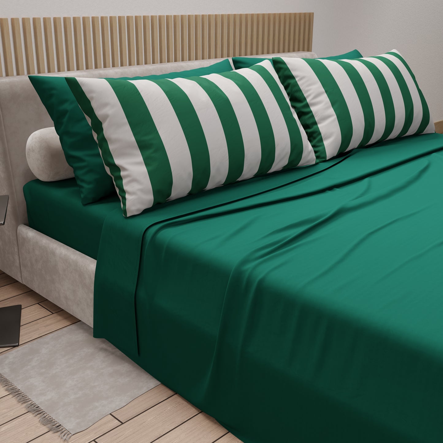 Lenzuola in Cotone, Completo Letto con Federe in Stampa Digitale Righe Bianco/Verde