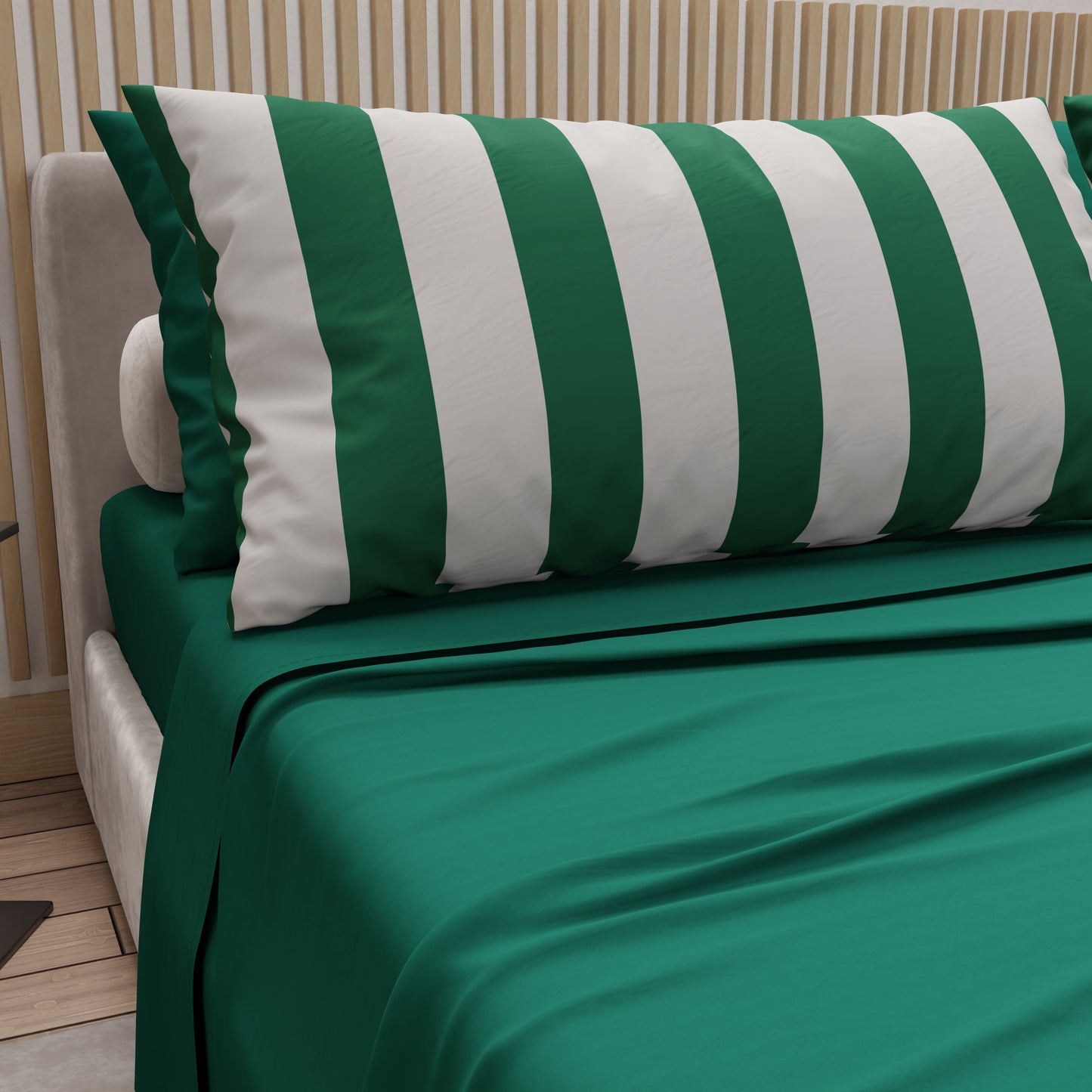 Lenzuola in Cotone, Completo Letto con Federe in Stampa Digitale Righe Bianco/Verde