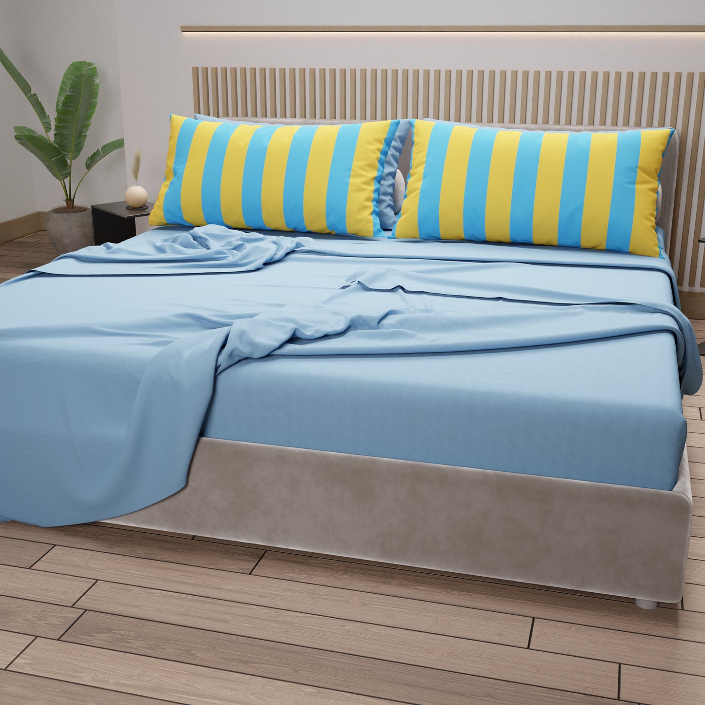 Lenzuola in Cotone, Completo Letto con Federe in Stampa Digitale Righe Giallo/Celeste