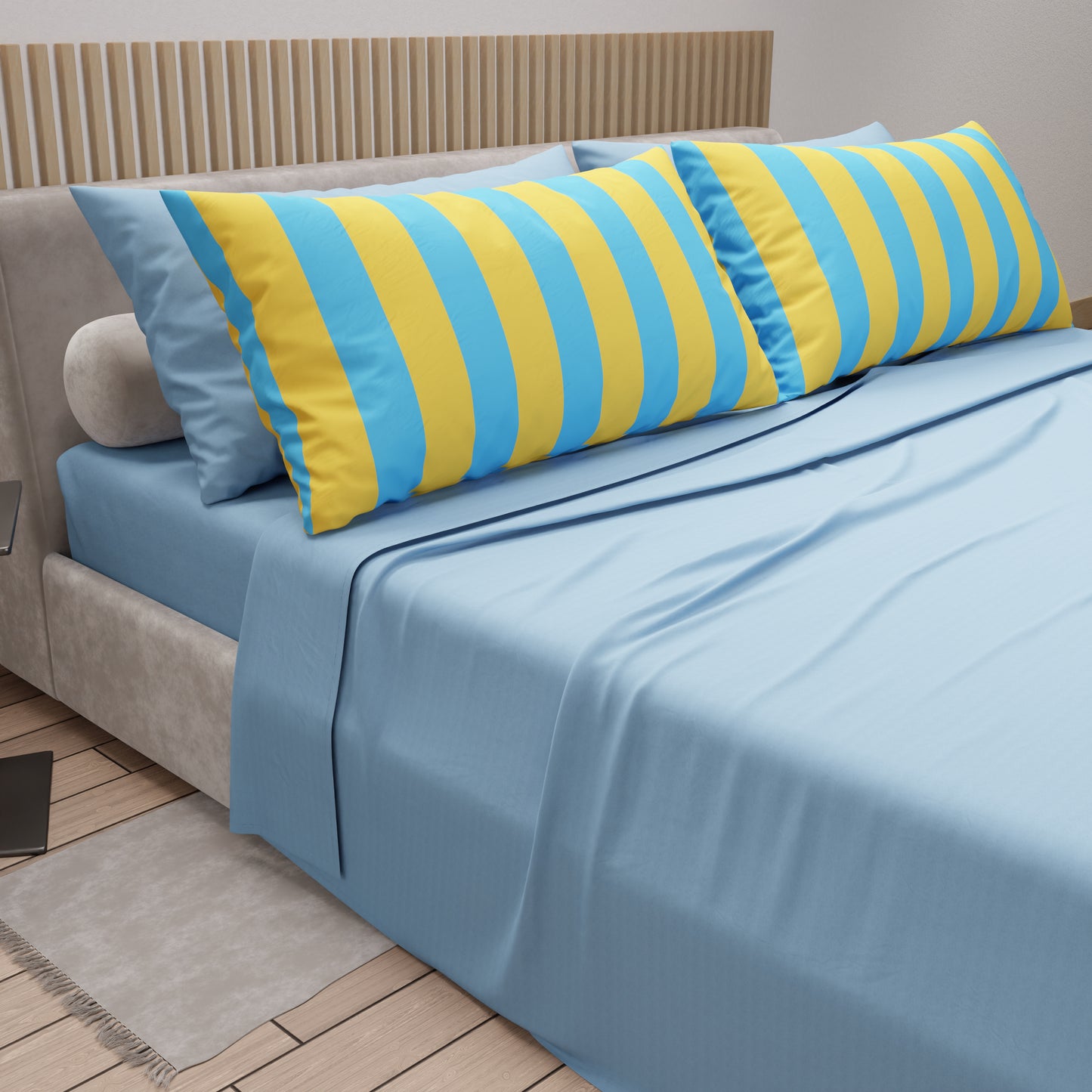 Lenzuola in Cotone, Completo Letto con Federe in Stampa Digitale Righe Giallo/Celeste