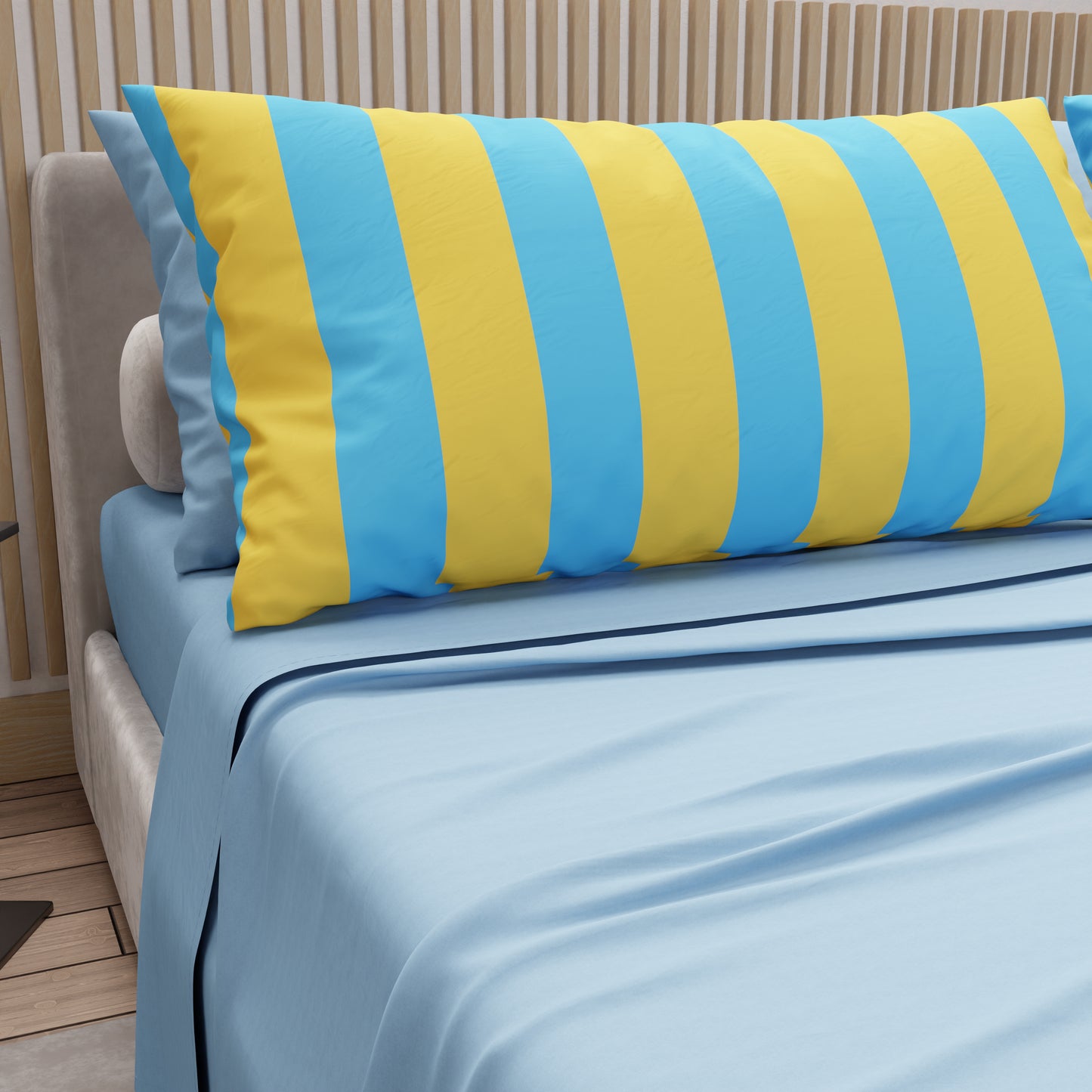 Lenzuola in Cotone, Completo Letto con Federe in Stampa Digitale Righe Giallo/Celeste