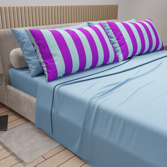 Lenzuola in Cotone, Completo Letto con Federe in Stampa Digitale Righe Viola/Celeste