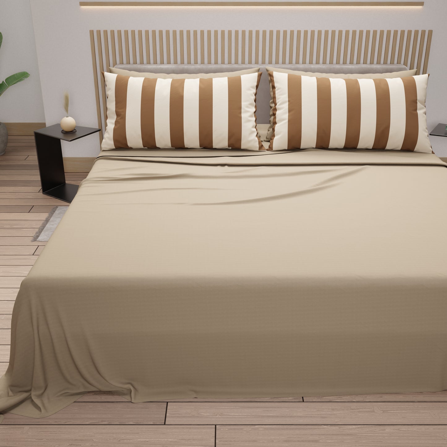 Lenzuola in Cotone, Completo Letto con Federe in Stampa Digitale Righe Marrone/Beige.