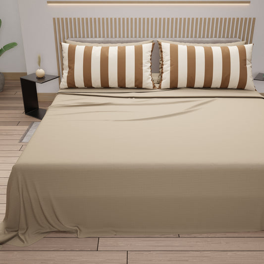 Lenzuola in Cotone, Completo Letto con Federe in Stampa Digitale Righe Marrone/Beige.
