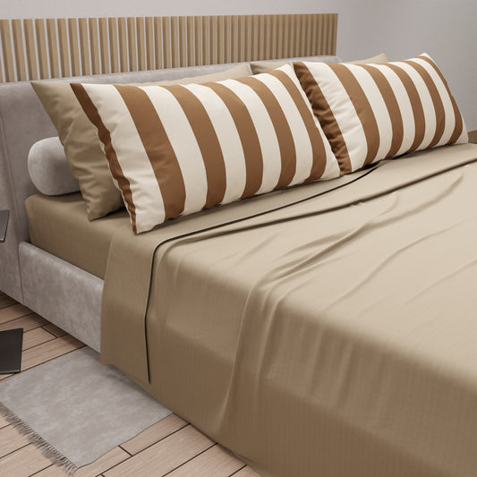 Lenzuola in Cotone, Completo Letto con Federe in Stampa Digitale Righe Marrone/Beige.