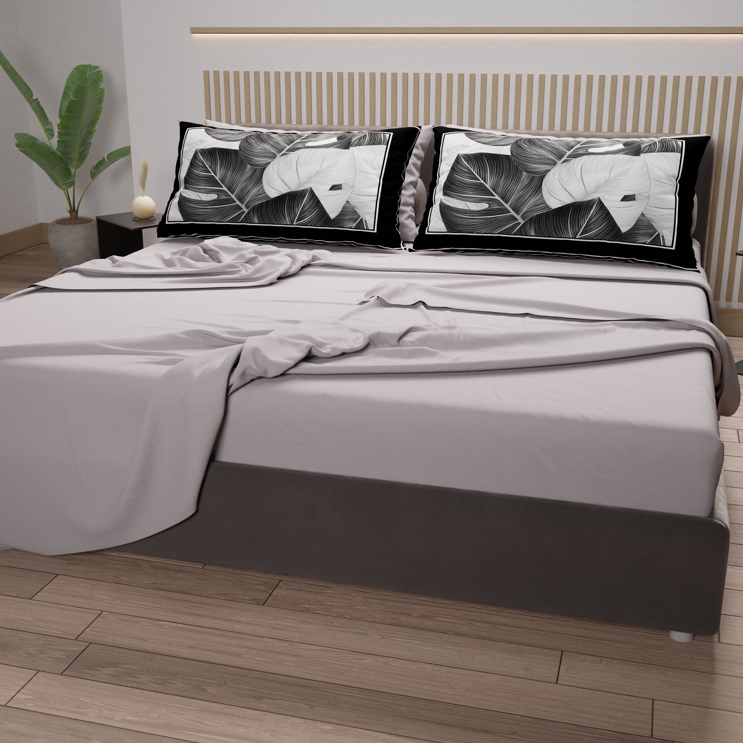 Lenzuola in Cotone, Completo Letto con Federe in Stampa Digitale Tropical Nero-Argento