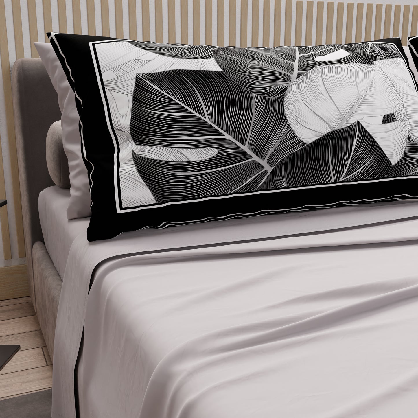 Lenzuola in Cotone, Completo Letto con Federe in Stampa Digitale Tropical Nero-Argento