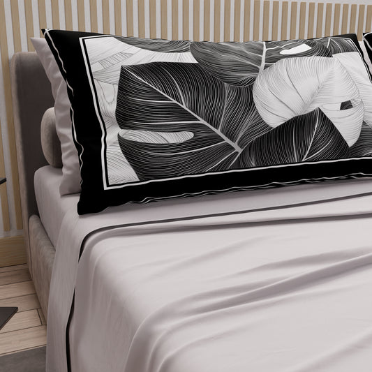 Draps en Coton, Parure de Lit avec Taies d'Oreiller en Impression Numérique Tropical Noir-Argent