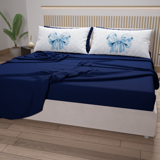 Lenzuola in Cotone, Completo Letto con Federe in Stampa Digitale Fiocco Celeste