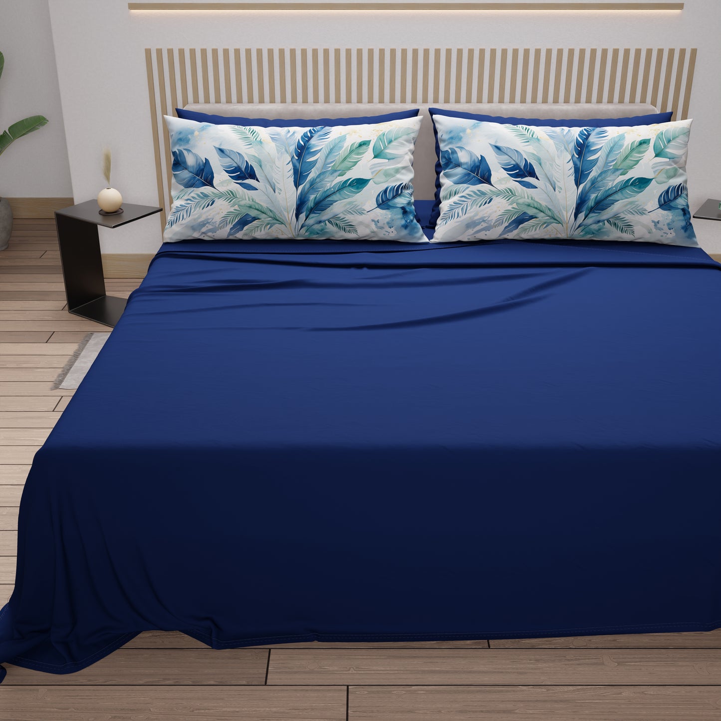 Lenzuola in Cotone, Completo Letto con Federe in Stampa Digitale Palmwater Blu