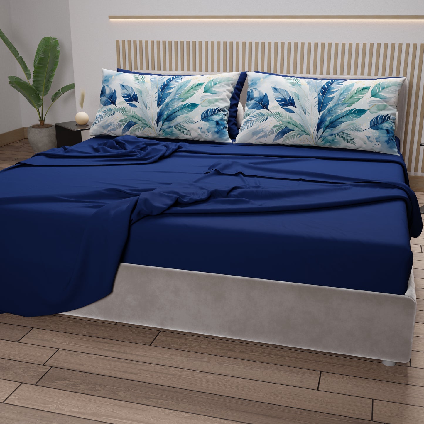 Lenzuola in Cotone, Completo Letto con Federe in Stampa Digitale Palmwater Blu