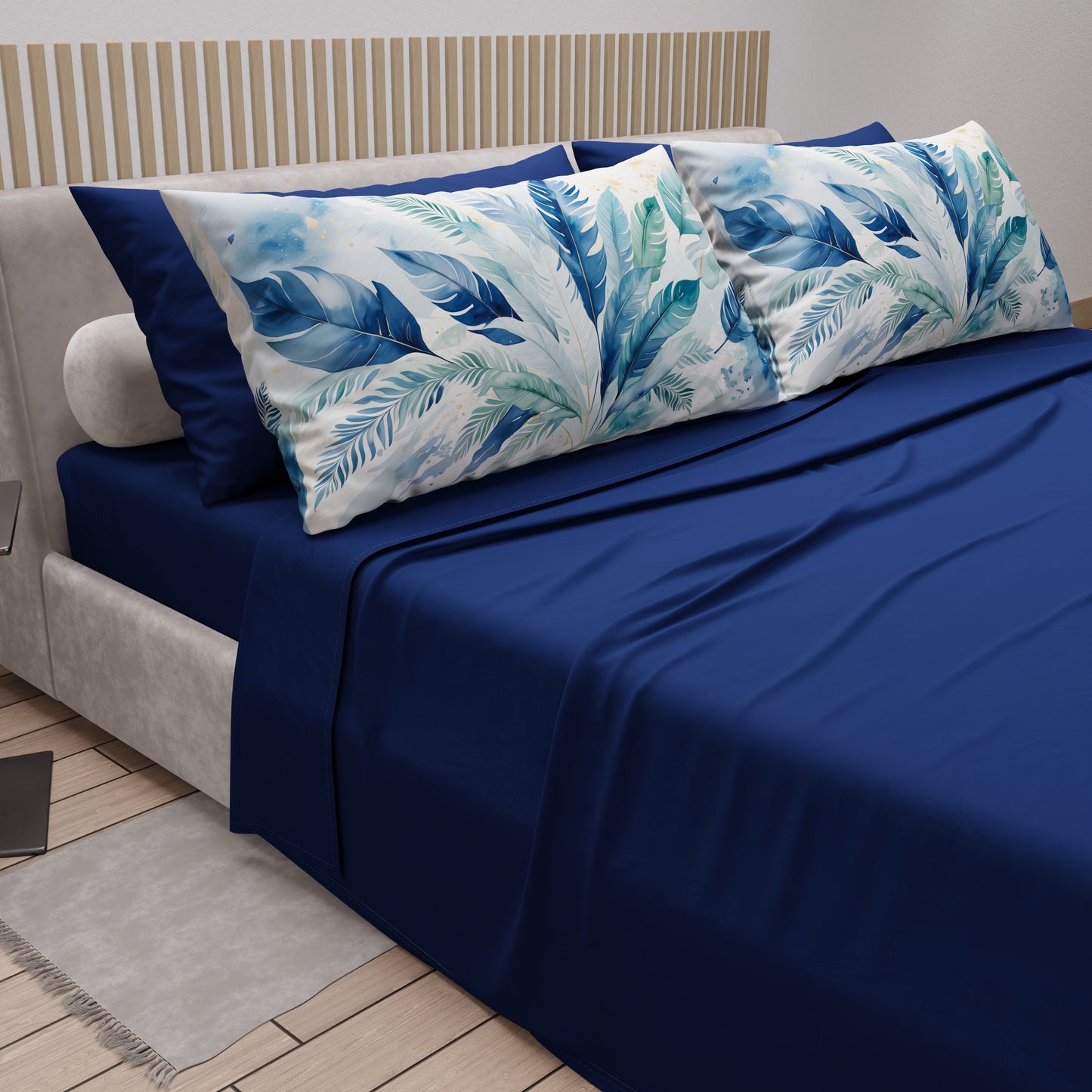 Lenzuola in Cotone, Completo Letto con Federe in Stampa Digitale Palmwater Blu