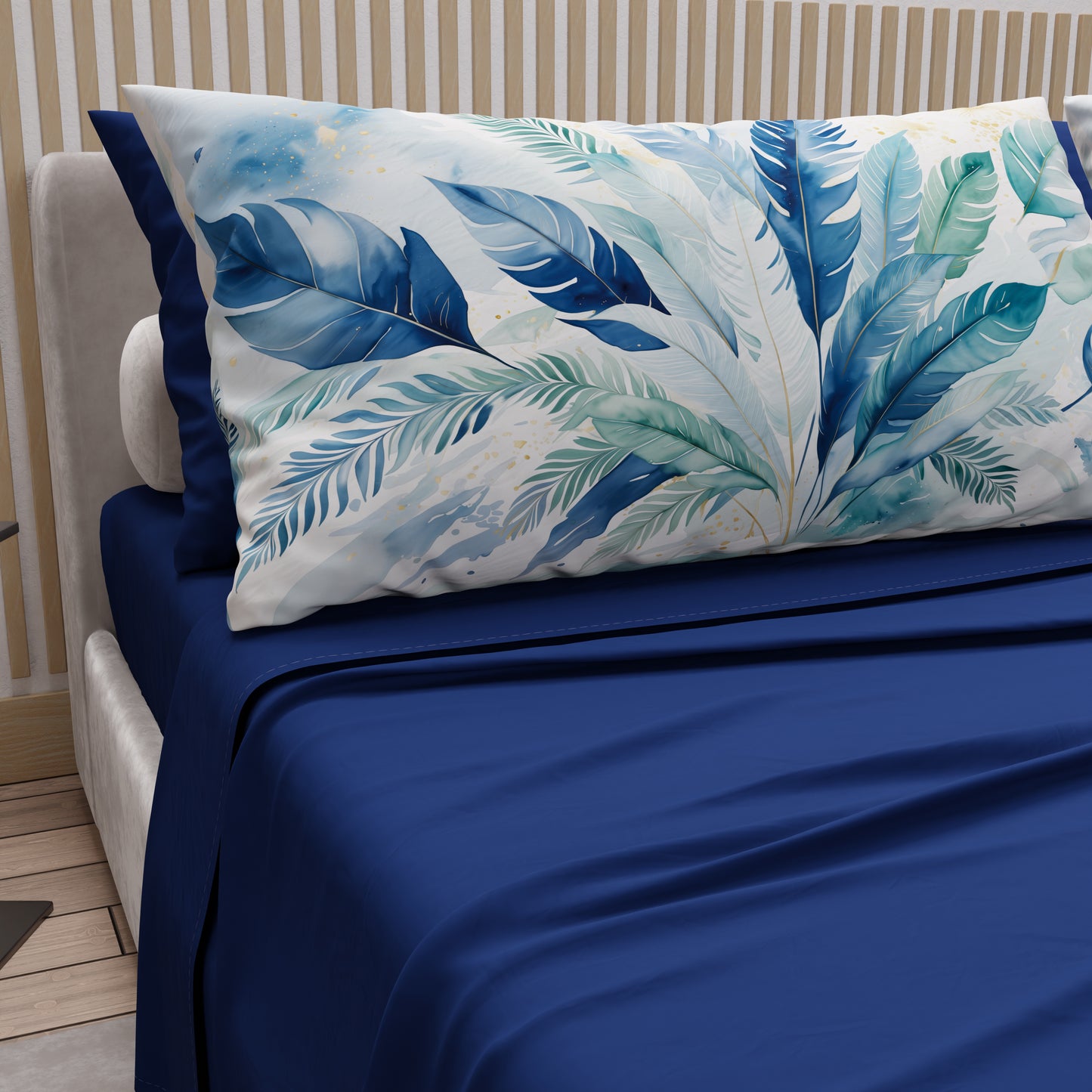 Lenzuola in Cotone, Completo Letto con Federe in Stampa Digitale Palmwater Blu