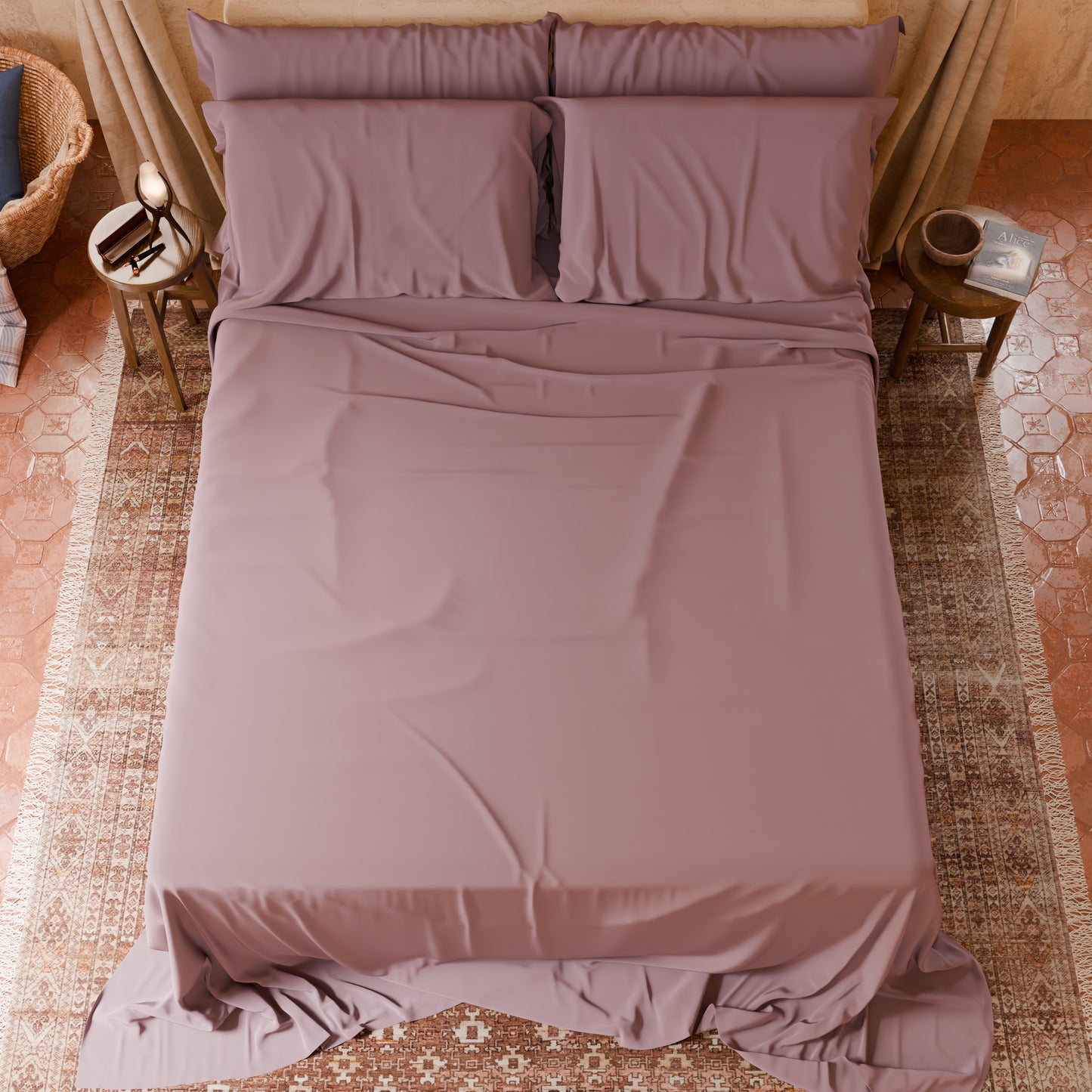 Draps housse double, simple, une place et demie, en coton, rose foncé