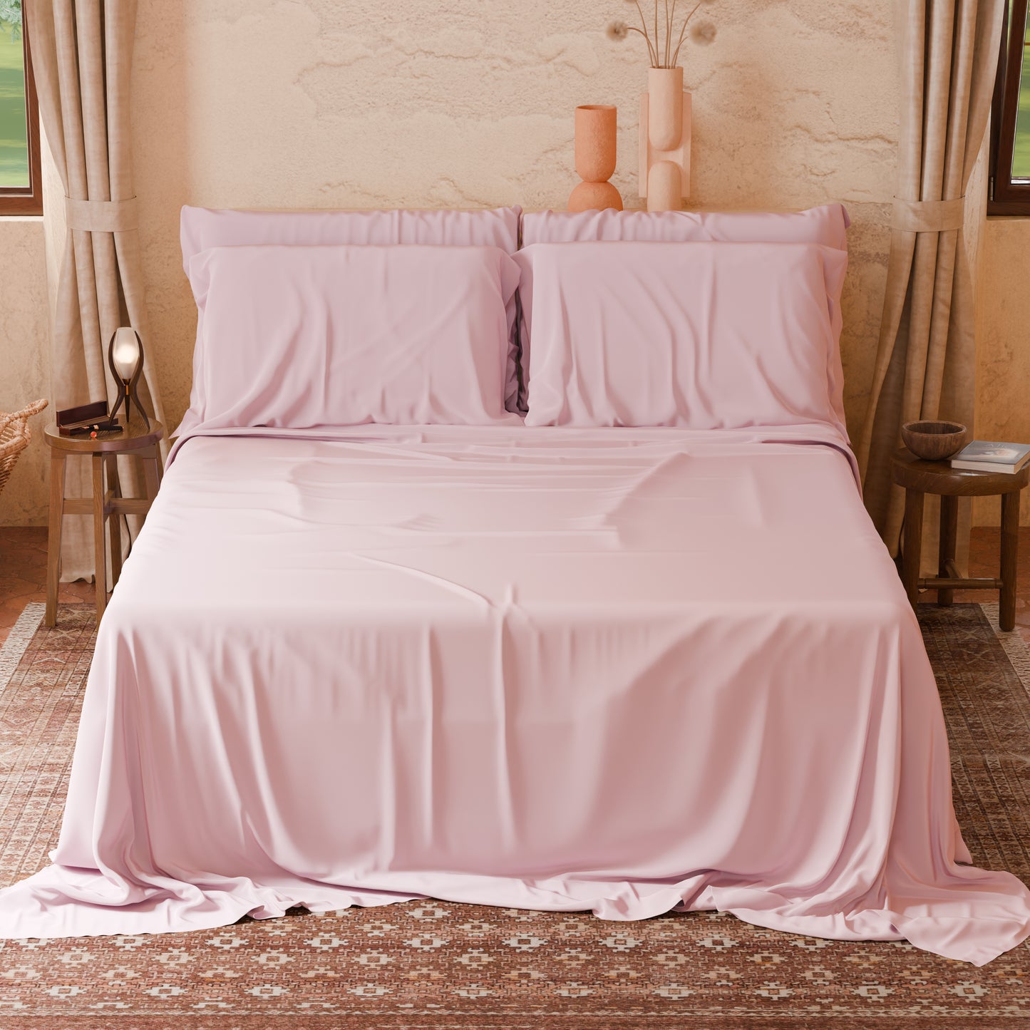 Draps housse double, simple, une place et demie, en coton, rose clair