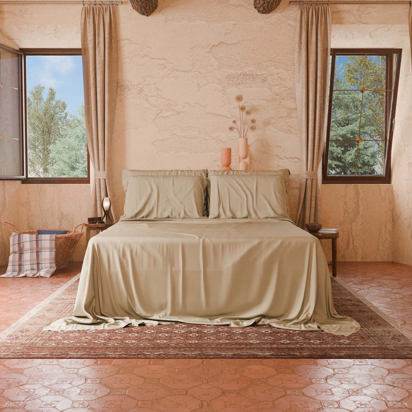 Draps Uni en Satin de Coton Beige