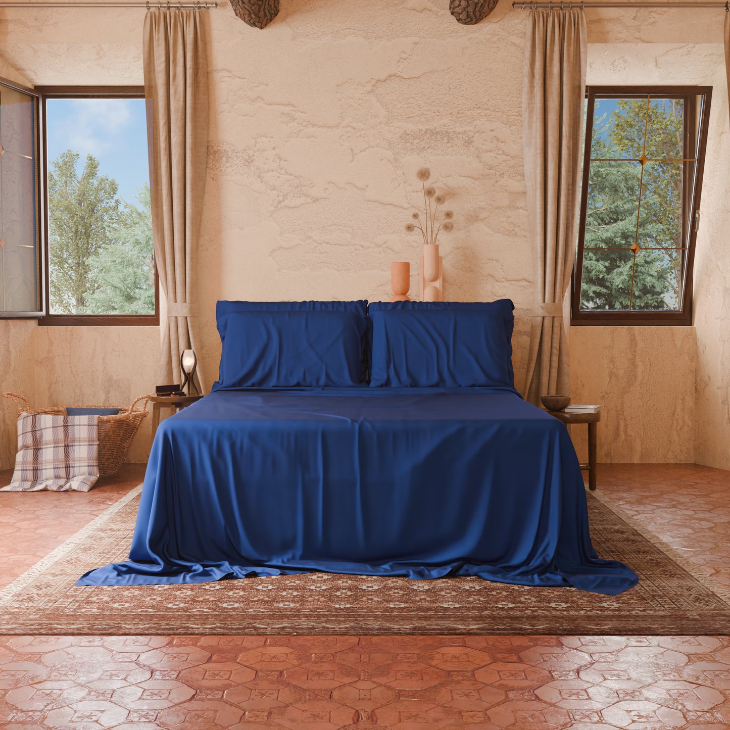 Draps Uni en Satin de Coton Bleu