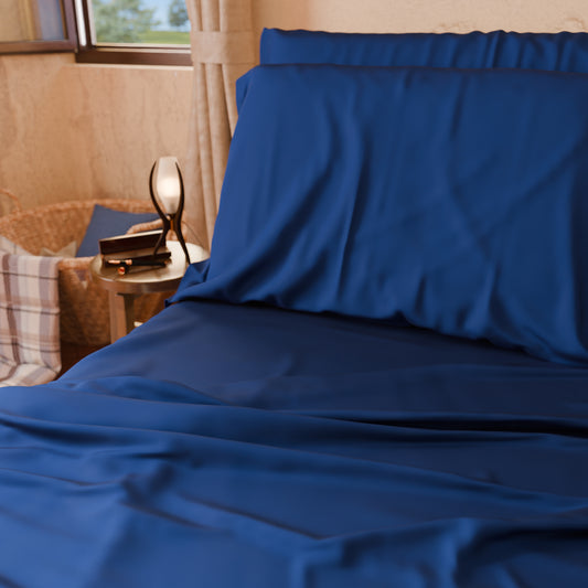 Draps Uni en Satin de Coton Bleu