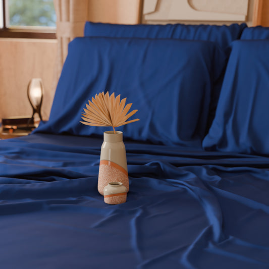 Draps Uni en Satin de Coton Bleu