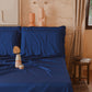 Draps Uni en Satin de Coton Bleu