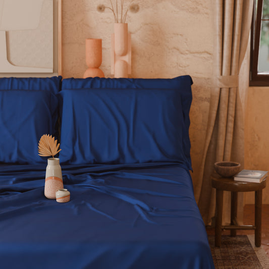 Draps Uni en Satin de Coton Bleu