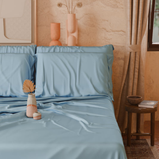 Draps Uni en Satin de Coton Céleste