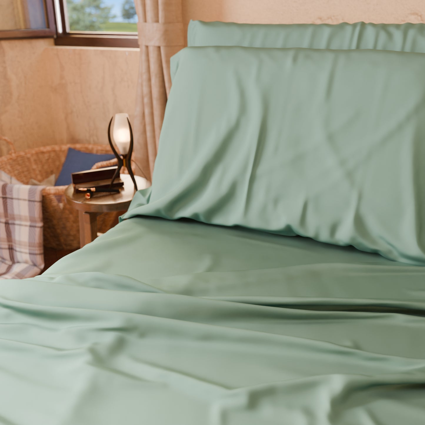 Draps Uni en Satin de Coton Sauge
