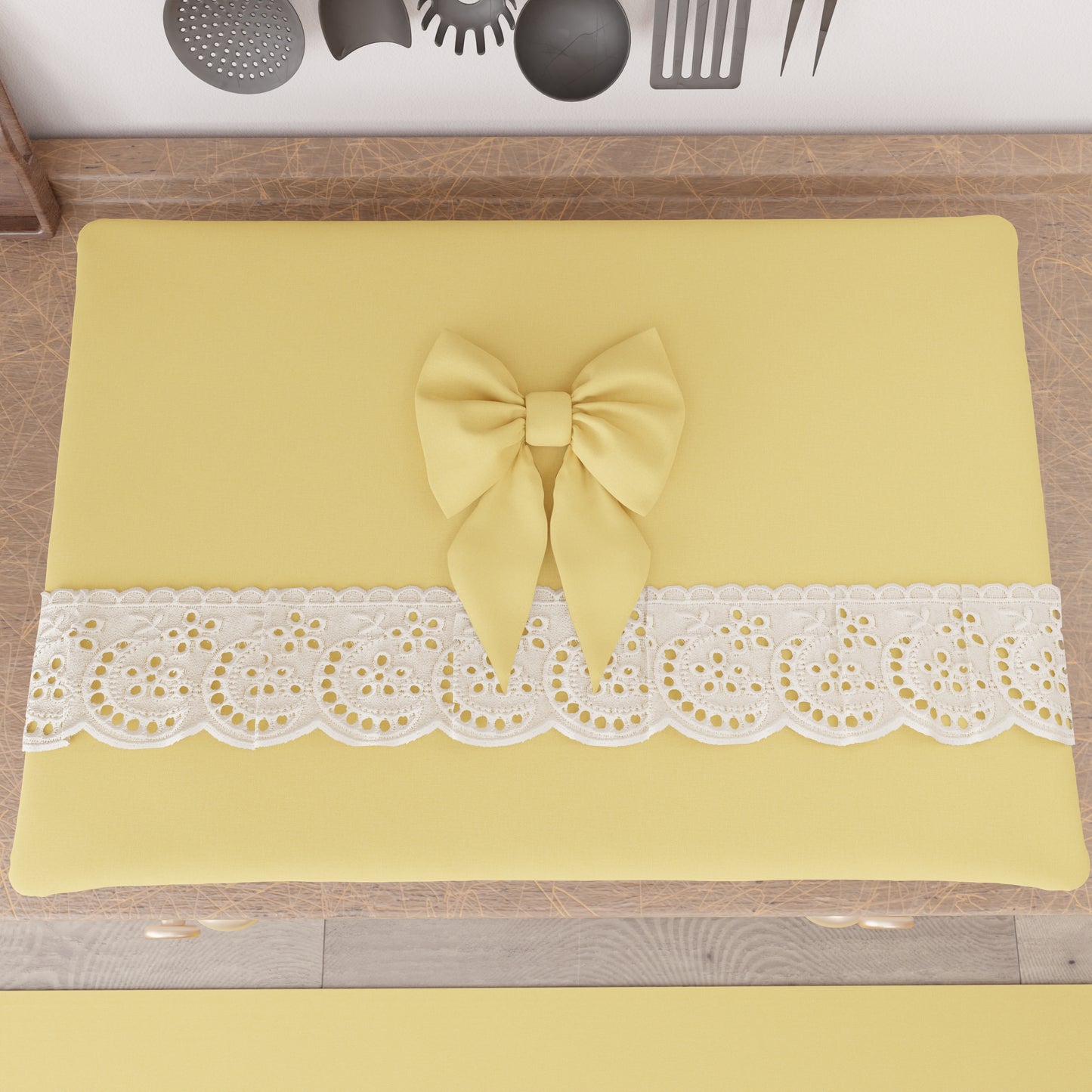 Shabby Chic Stove Cover with Lace and Yellow Bow 