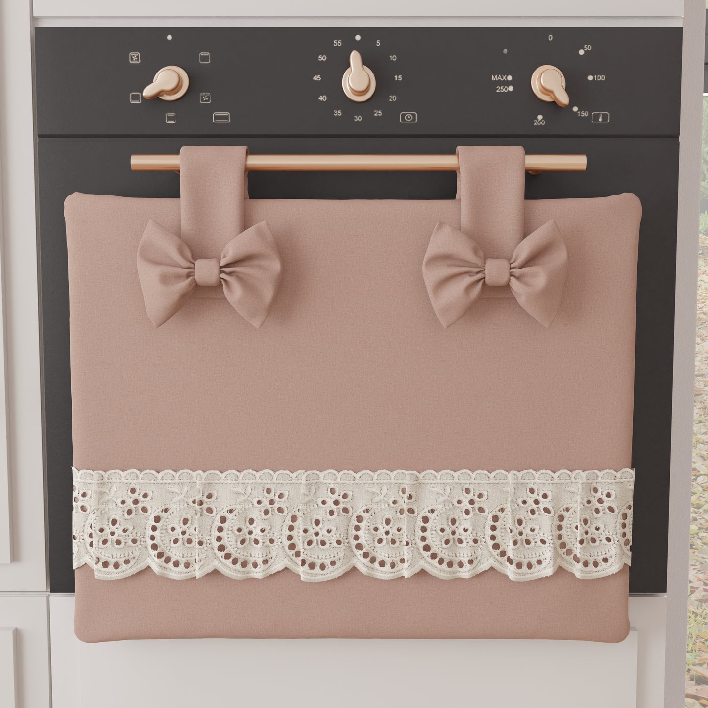 Copriforno Elegante Shabby Chic con Pizzo e Fiocchi Cipria