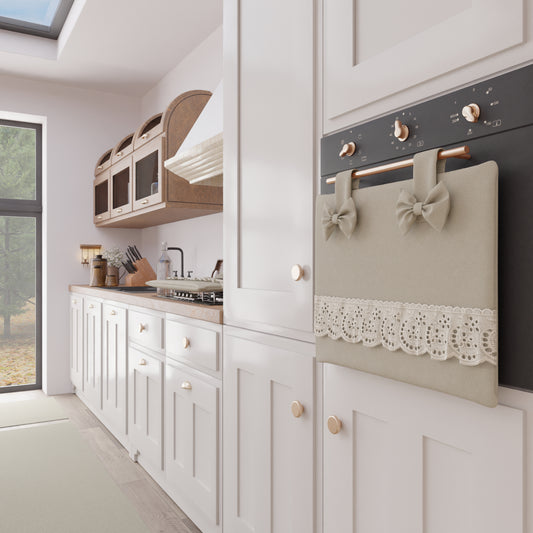 Copriforno Elegante Shabby Chic con Pizzo e Fiocchi Beige