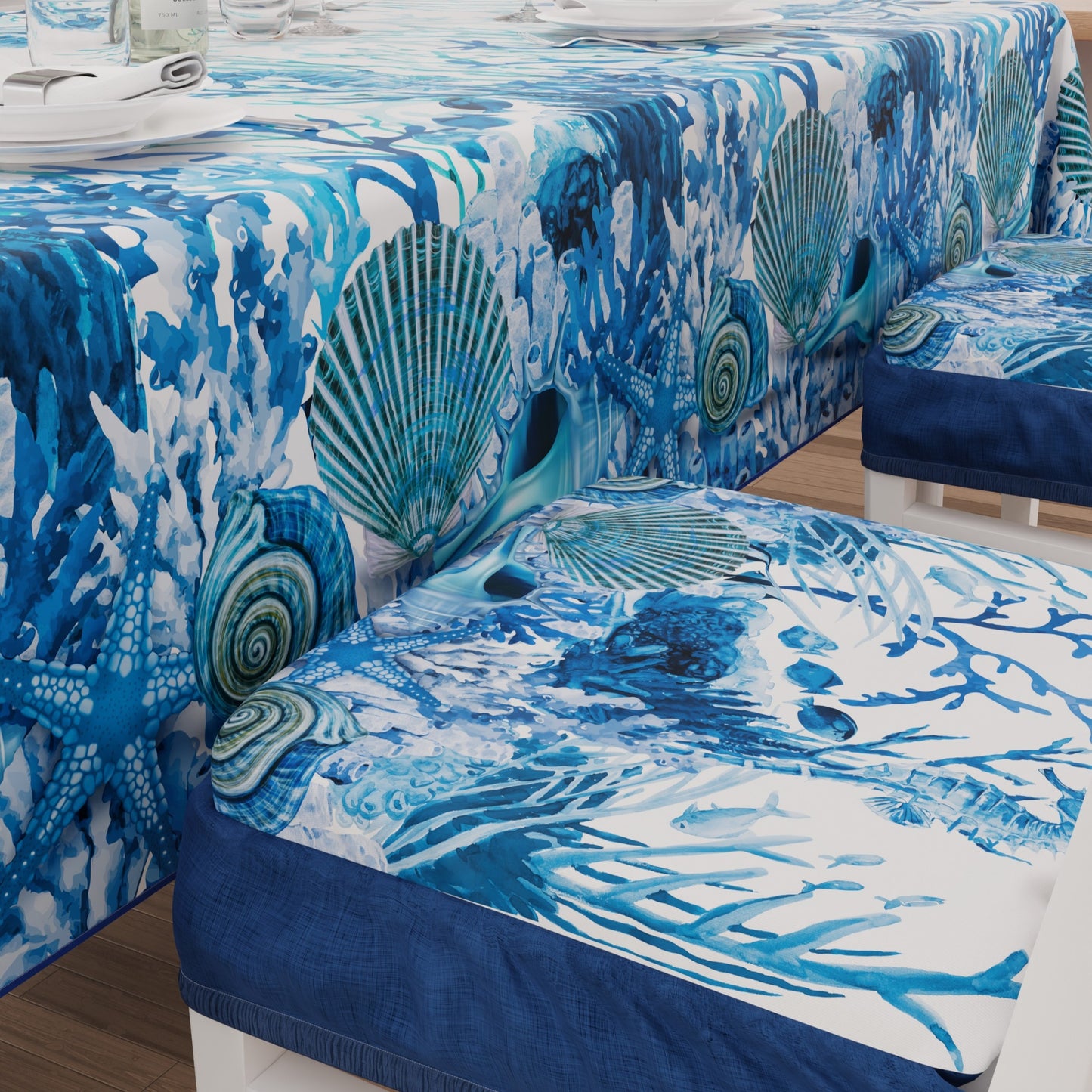 Coussins pour chaises avec élastique, Housses de chaise en impression numérique 2 Corail Bleu
