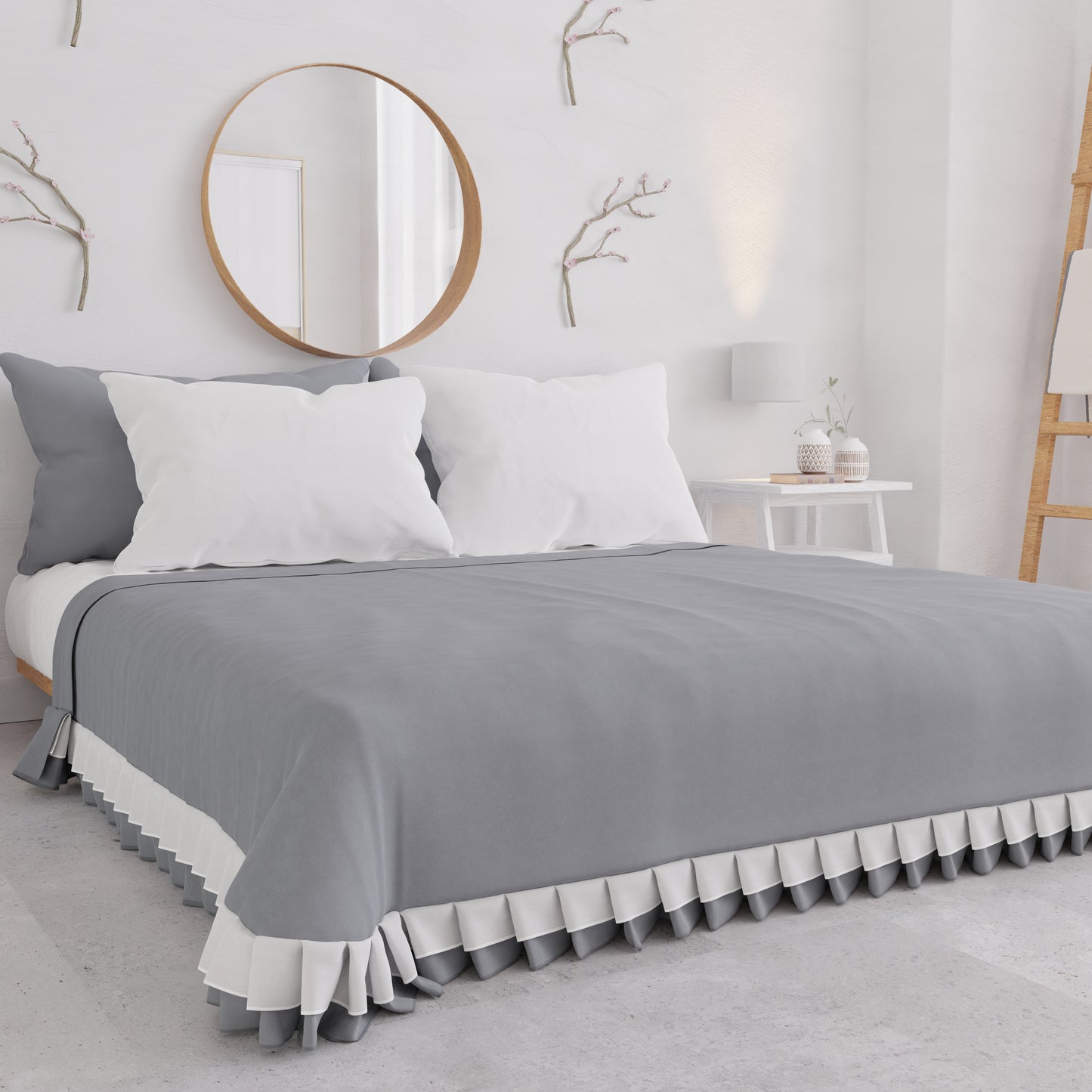Summer Double Bedspread, Bedspread with Double Ruffles, Grey 
