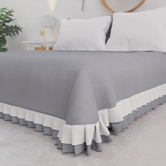 Copriletto Matrimoniale Estivo, Copriletto con Doppio Volant, Grigio