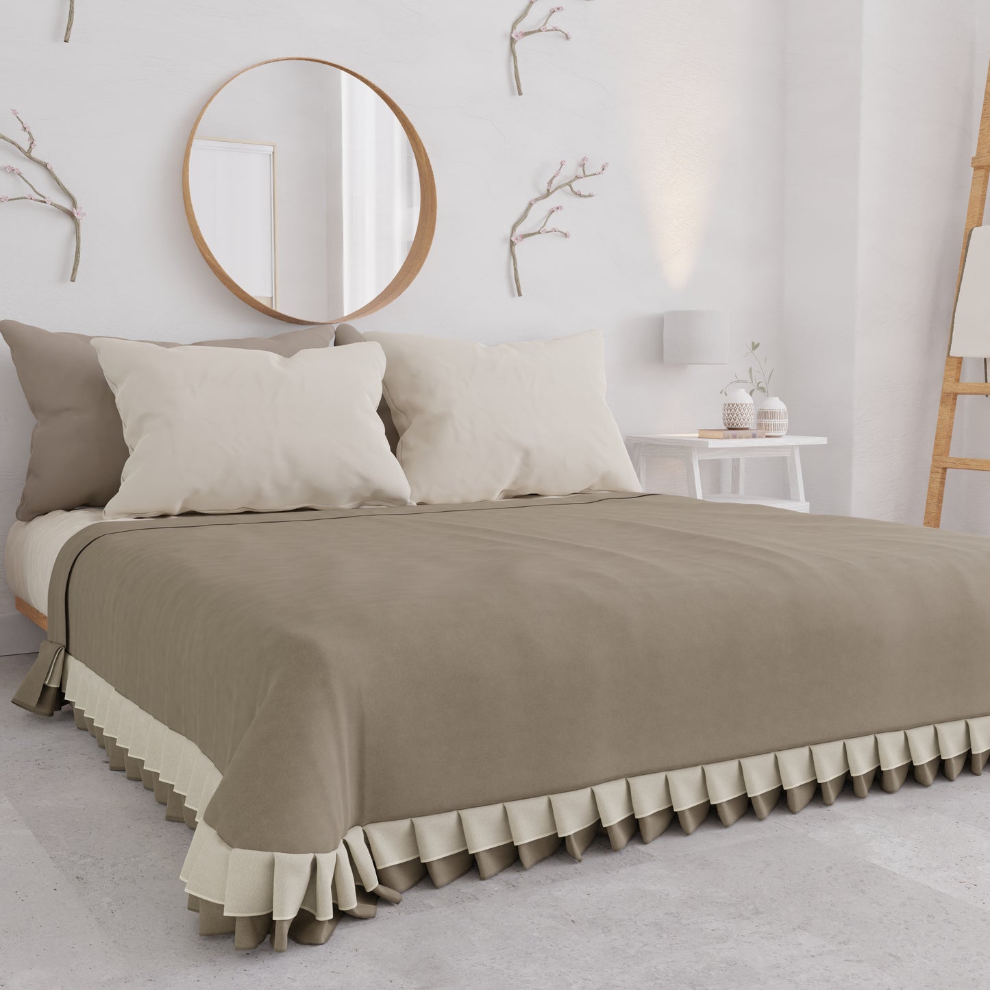 Couvre-lit double d'été, couvre-lit avec double volant, taupe