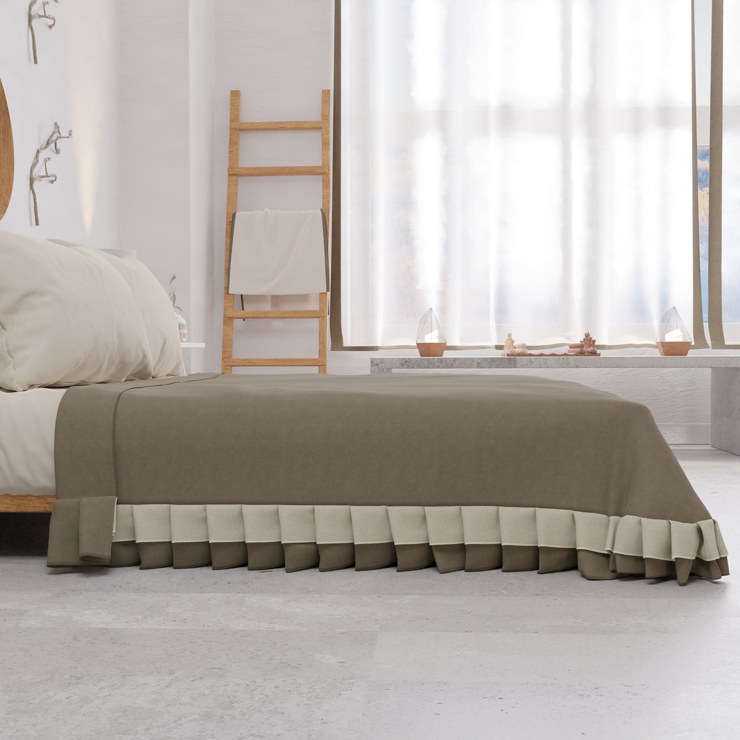 Couvre-lit double d'été, couvre-lit avec double volant, taupe