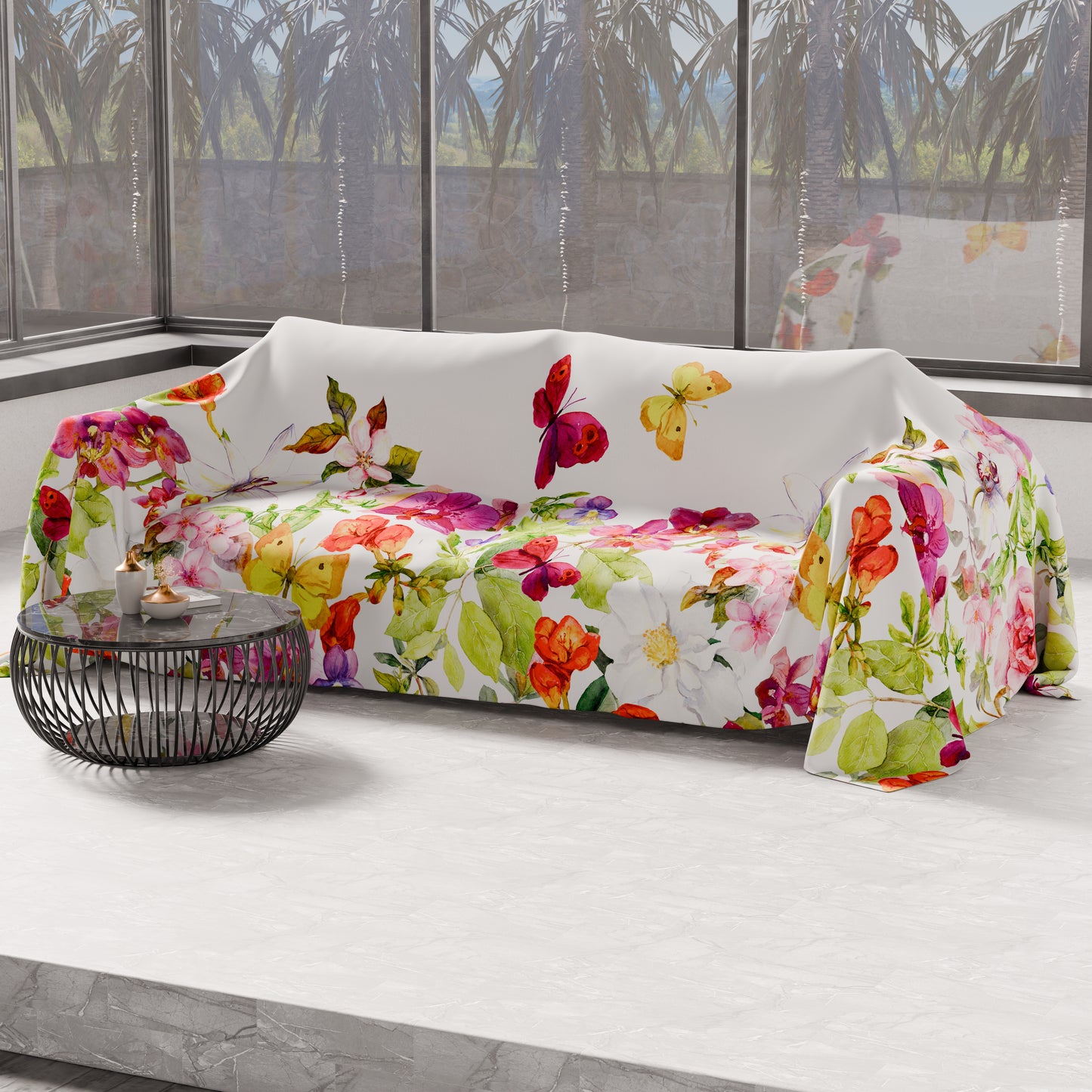 Drap housse pour canapé, couvre-lit, nappe et tout usage en microfibre | Motif Papillons
