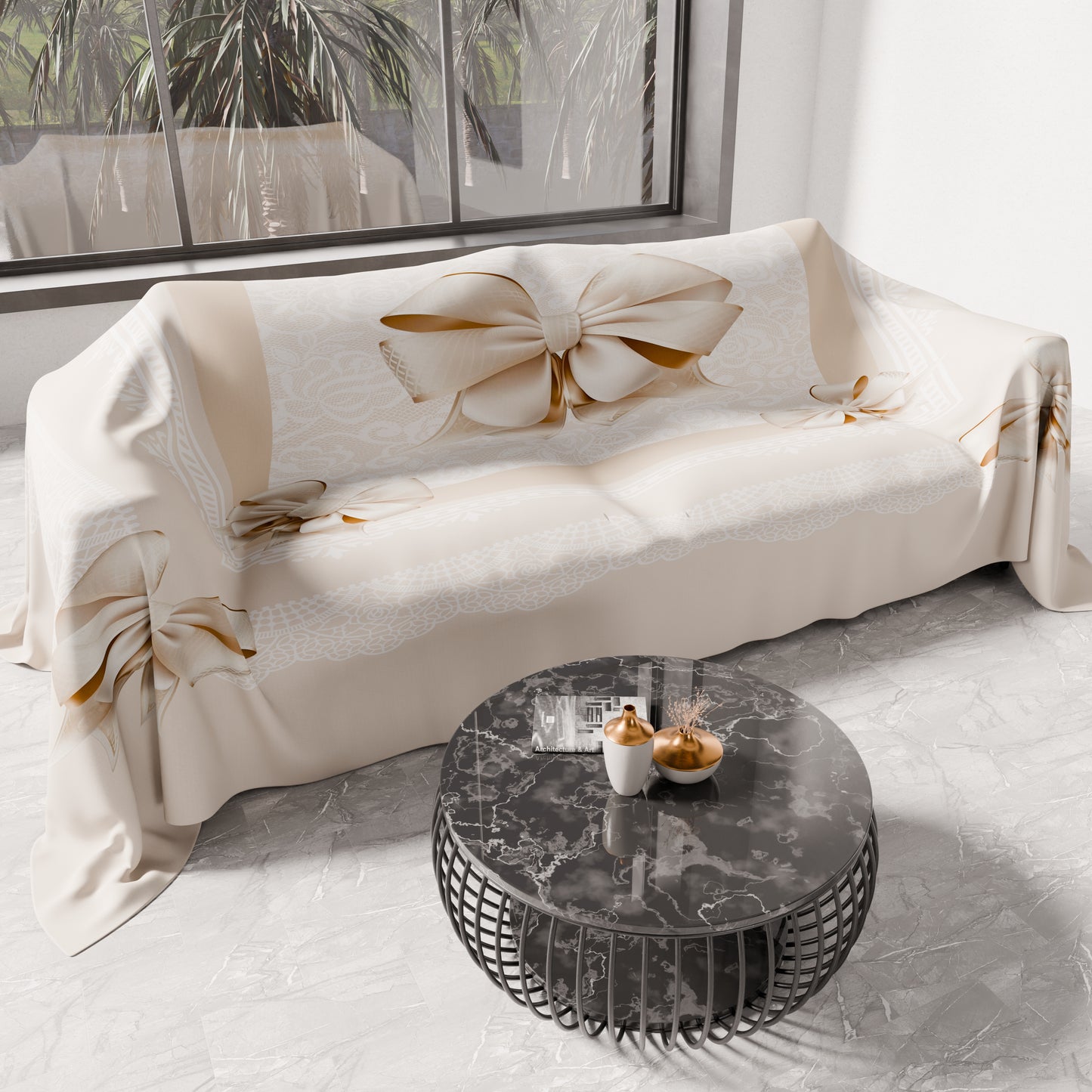 Telo Arredo Copridivano, Copriletto, Copritavolo e Copritutto in Microfibra | Fantasia Fiocco Beige