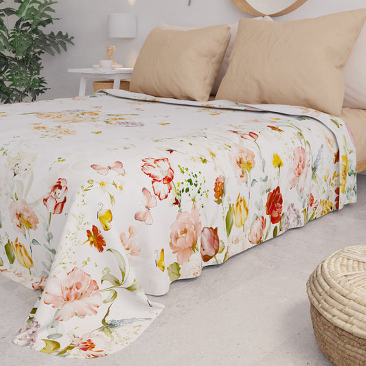 Copriletto Estivo, Coperta Leggera, Lenzuola Copriletto, Floreale Beige