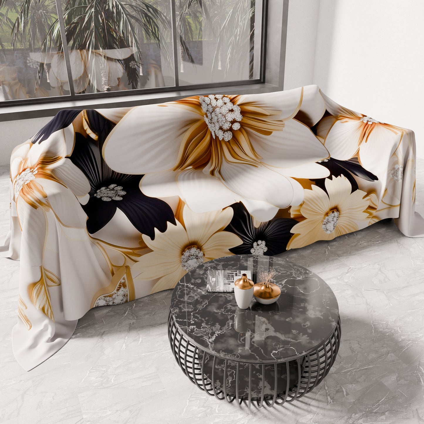 Telo Arredo Copridivano, Copriletto, Copritavolo e Copritutto in Microfibra | Fantasia Flower Ceramic Nero