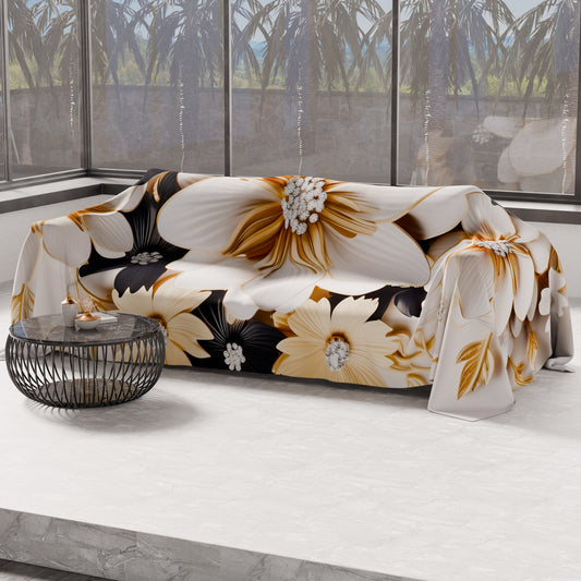 Telo Arredo Copridivano, Copriletto, Copritavolo e Copritutto in Microfibra | Fantasia Flower Ceramic Nero