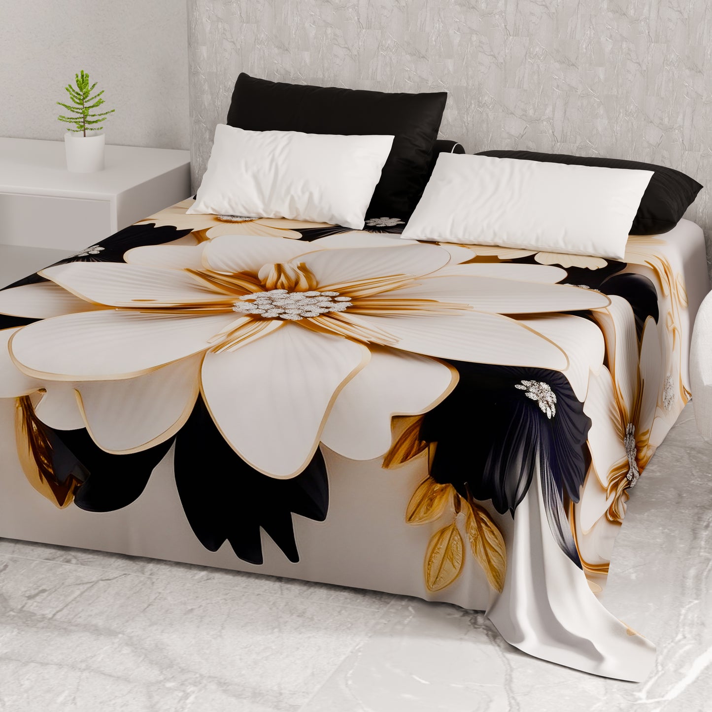 Telo Arredo Copridivano, Copriletto, Copritavolo e Copritutto in Microfibra | Fantasia Flower Ceramic Nero