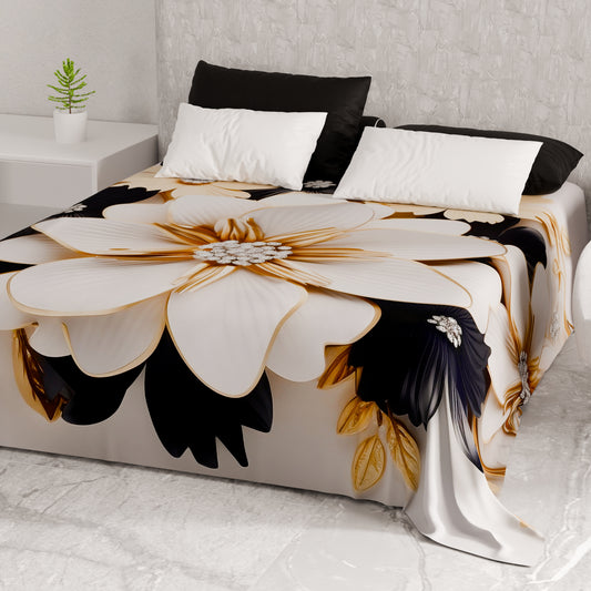 Telo Arredo Copridivano, Copriletto, Copritavolo e Copritutto in Microfibra | Fantasia Flower Ceramic Nero