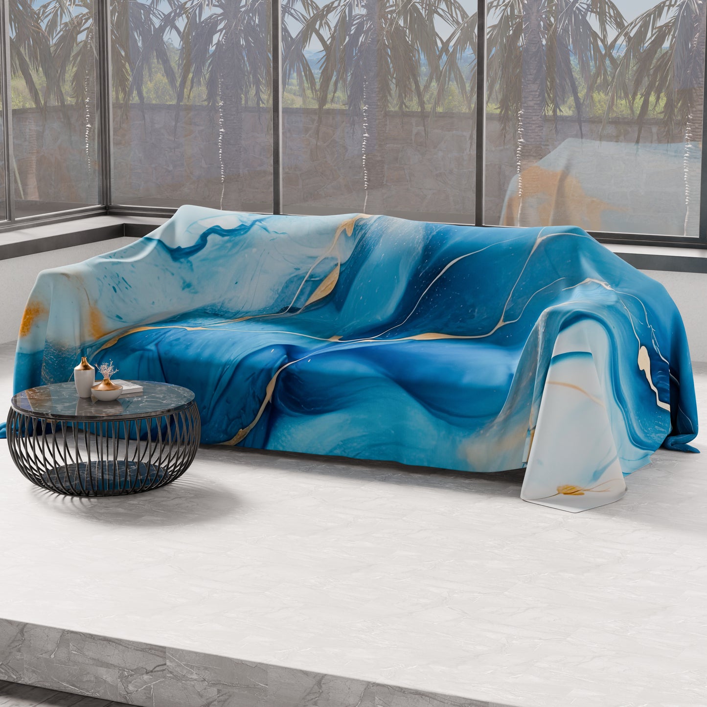 Drap housse pour canapé, couvre-lit, nappe et tout usage en microfibre | Motif Marbre Bleu