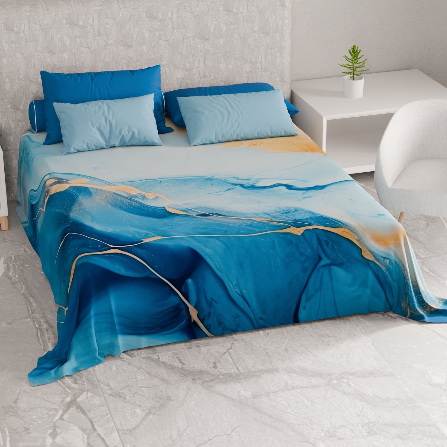 Drap housse pour canapé, couvre-lit, nappe et tout usage en microfibre | Motif Marbre Bleu