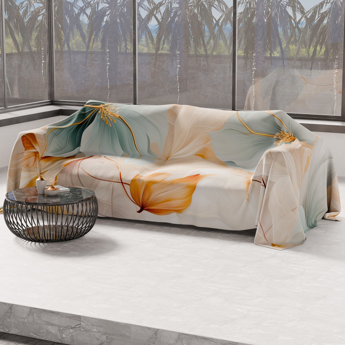 Drap housse pour canapé, couvre-lit, nappe et tout usage en microfibre | Motif Fleur de Marbre